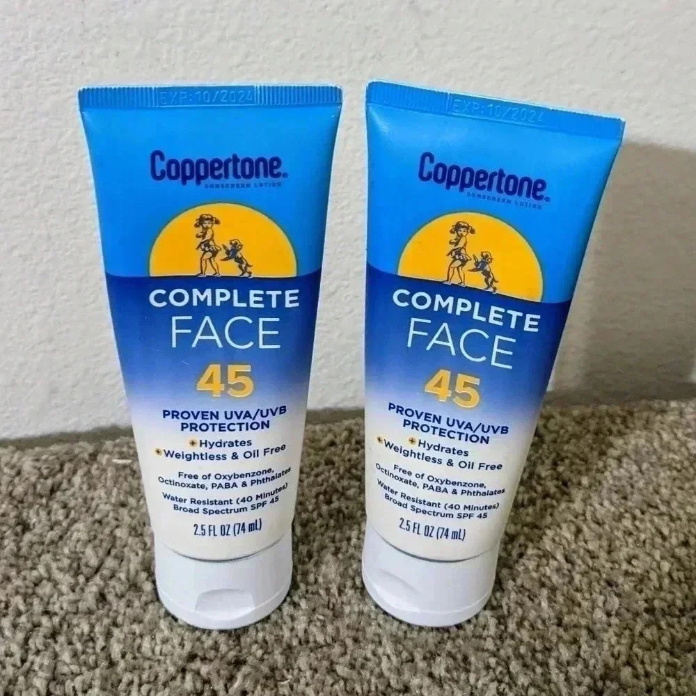 2 Coppertone Complete Face SPF 45 Sunscreen Lotion 2.5 OZ Ea EXP 10/24